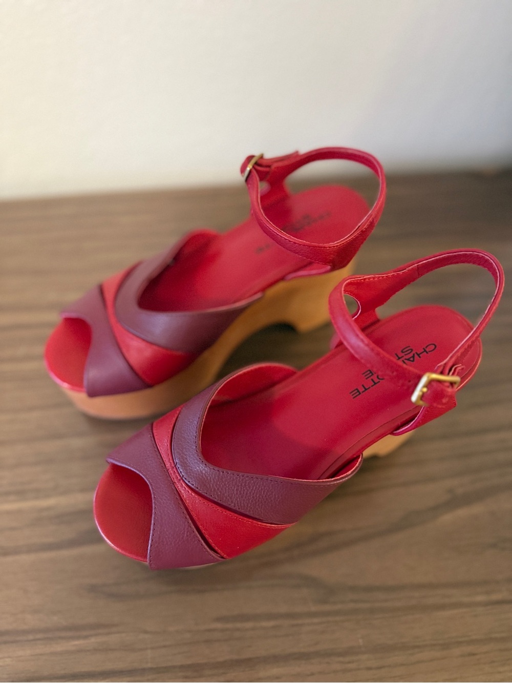Charlotte Stone Two-Tone Red & Burgundy Platform Wedge Sandals - Picture 4 of 12
